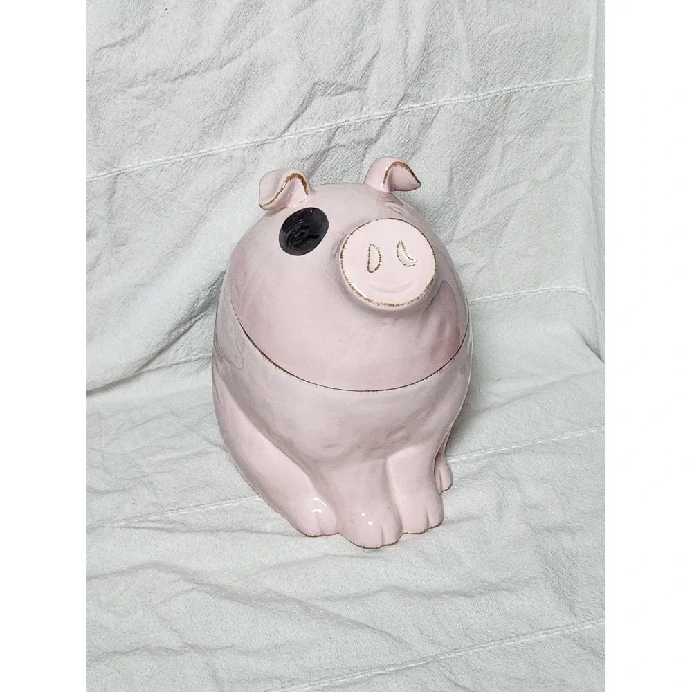 Pink Ceramic Pig Cookie Jar Hand Painted Spotted Farmhouse Kitchen Decor 9.5in